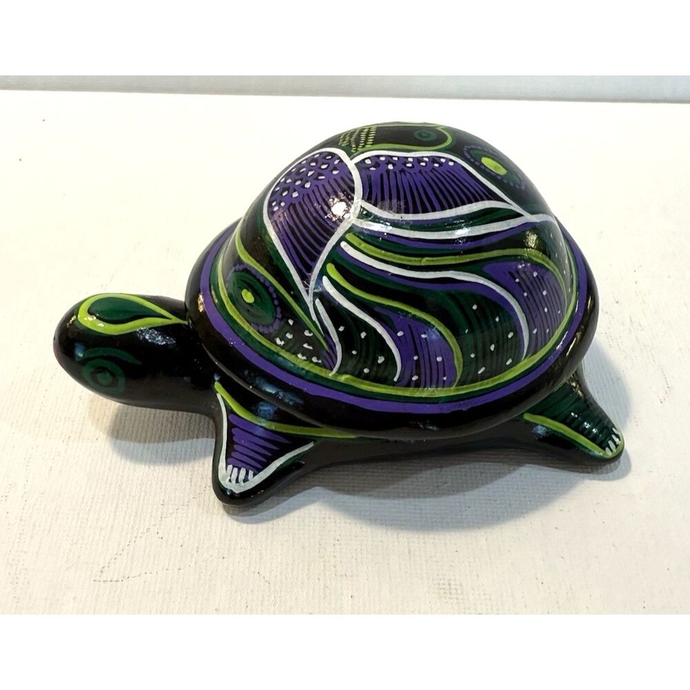 Mexican Folk Art Green Turtle Trinket Box Hand Painted Floral Terracotta Purple